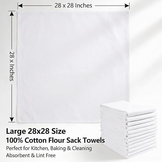 Flour Sack Towels – 30 Pack, 28x28 Inch, 100% Cotton – Flour Sack Dish Towels for Drying Dishes, Baking, Bread Proofing, Crafting & Embroidery – Reusable White Kitchen Towel - Image 3