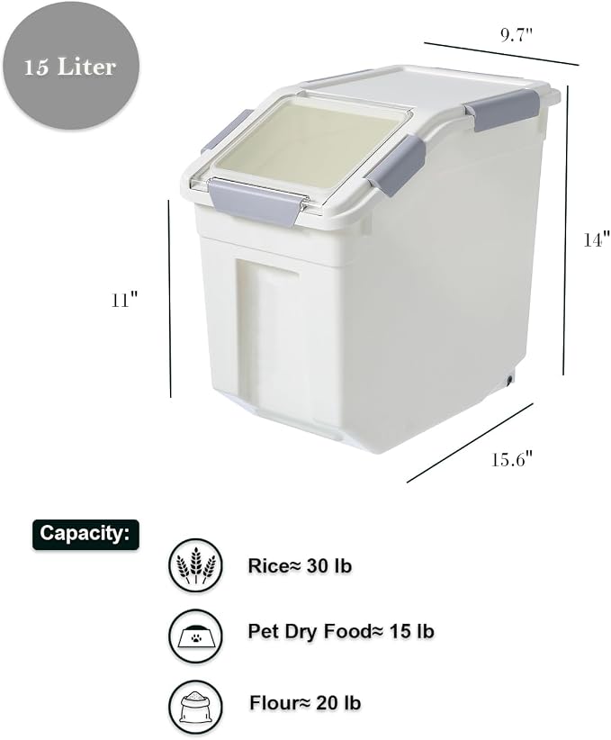 15 Liter / 30 lbs Rice Storage Container with Measuring Cup, BPA free, For Rice | Grain | Pet Food | Flour, 1 count, White - Image 3
