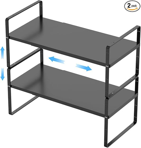 Expandable Kitchen Cabinet Shelf Organizers 2 Pack, Stackable Metal Pantry Storage Shelves Rack, Adjustable Counter Shelf for Cabinets, Countertop, Cupboard Organizers and Storage, Black by GEDLIRE