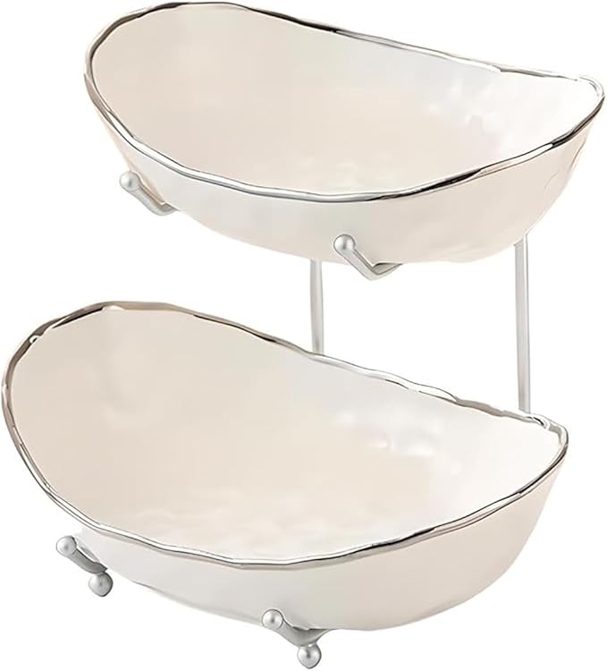 2 Tier Ceramic Fruit Bowl for Kitchen Counter with Metal Rack, Fruit Basket with Stand, Porcelain Bowls for Vegetable Bread Candy Snack Nuts Dessert Cake Tray (Silver 2 layer) by jessie