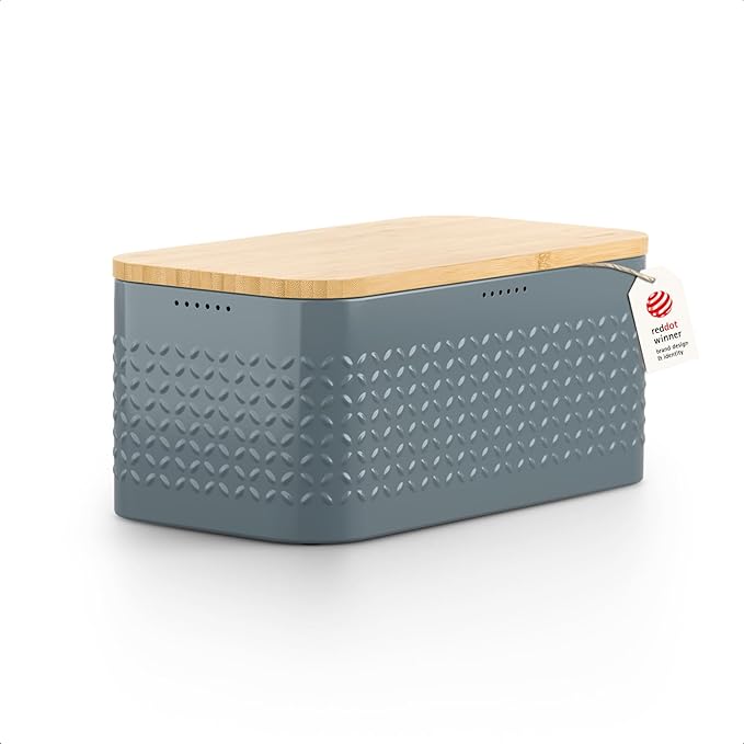 LARS NYSØM Bread Box I Metal bread box for long lasting freshness with non-slip pads I Baked goods Bin with bamboo lid usable as cutting board I 13.6x7.3x6.2in (Stone Blue) by LN