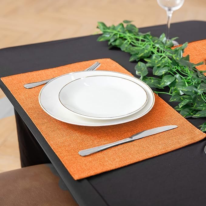 Linen Placemats Set of 8, Machine Washable, Heat Resistant, Wrinkle Free, Thick Polyester Kitchen Place Mats for Dining Table (Orange) - Image 4