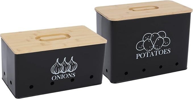 Potato Onion Storage Box, Food Container Sets, Storage Canisters for Vegeatables, Set of 2 Jars Pots Containers, Potato & Onion Bin with Aerating Tin Storage Holes & Bamboo Lid-Black by Xbopetda