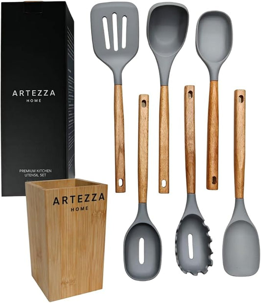 Premium Silicone Kitchen Utensil Set – 7-Piece Cooking Tools with Acacia Wood Handles and Bamboo Holder, Non-Stick, Heat Resistant, BPA-Free, Elegant Kitchen Gift (Grey -7pcs) by Unknown