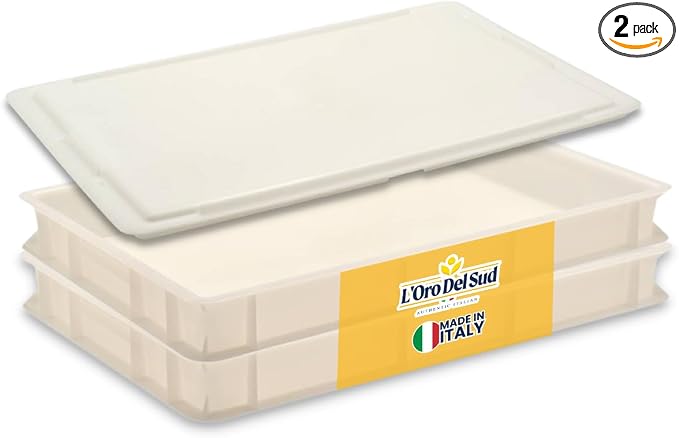 L'Oro Del Sud Commercial Dough Proofing Box Tray with Lid, White, 2 Trays | 23.6" x 15.74" x 2.75" Stackable Dough Tray for Pizza Dough Proofing, Impact and Temperature Bin Resistant, Product of Italy by LOroDelSud