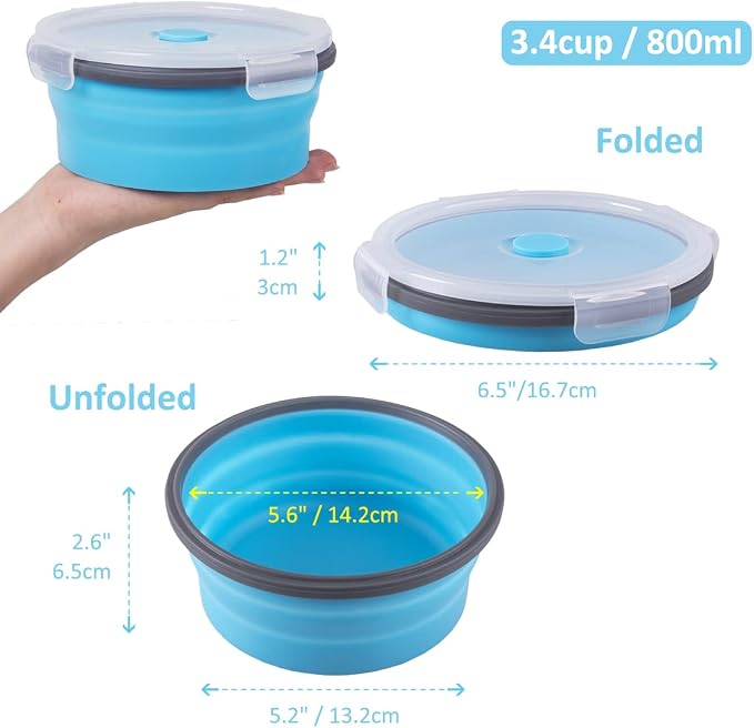 Collapsible Food Storage Containers Round with Airtight Lid, 27 oz, Kitchen Stacking Silicone Collapsible Meal Prep Container Set for Leftover, Microwave Freezer Dishwasher Safe, Blue, Set of 4 - Image 5