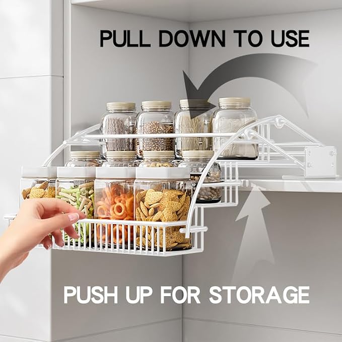 3-Tier Pull Down Spice Rack Organizer for Inside Cabinet Expandable Display Riser Shelf Seasoning Shelf (10.8IN/White) - Image 2