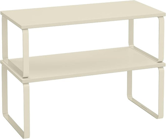 SONGMICS Cabinet Organizer Shelf, Set of 2 Kitchen Counter Shelves, Kitchen Storage, Spice Rack, Stackable, Expandable, Metal and Engineered Wood, 15.6 Inches, Cream White UKCS200W02 by Unknown
