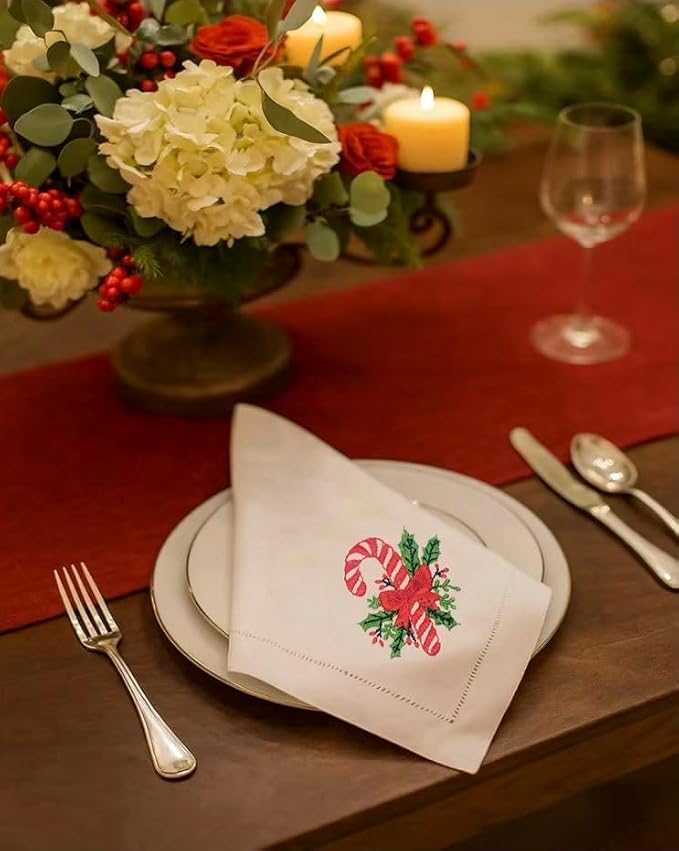 – Embroidered Cloth Napkin Candy Christmas Design, Set of 6 100% Cotton Hemstitch Table Napkins 18x18, Machine Washable – Festive Holiday & Everyday Dining, Great Gift Ideas - Image 9