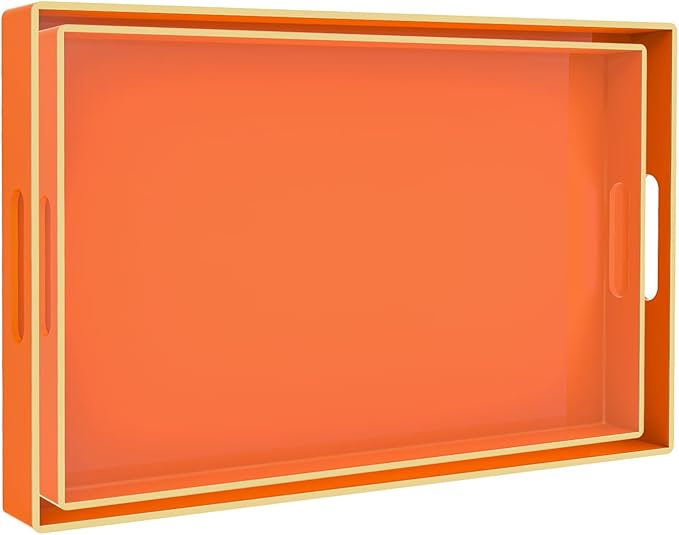 Orange Serving Tray with Handles, Plastic Decorative Tray Set of 2 | Decorative Tray for Coffee Table, Modern Ottoman Tray, Rectangle Melamine Tray for Living Room, 15.8"L x 10.2"W x 1.4"H by MAONAME
