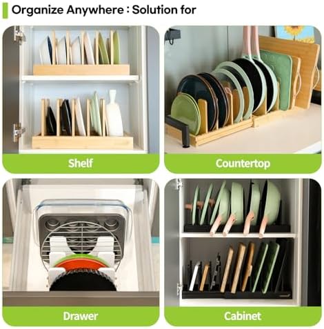 CLEANCLUE Bamboo Pot and Pan Organizers for Kitchen Cabinet Bundle: Black and White - Expandable with Adjustable Dividers - Image 8