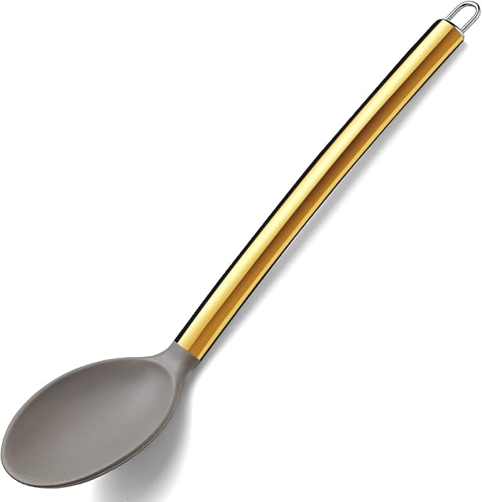 Berglander Non-stick Silicone Solid Serving Spoon, Titanium Gold Plating handle, Basting Spoon, Dishwasher Safe, Easy to Clean by Berglander