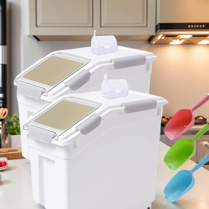 Saim Rice Container 25 lbs, Large Airtight Flour Storage Container with Wheels Measuring Cup, 2 Pack a Set BPA free Food Bin Grain Organizer Box for Dry Baking Supplies Kitchen Pantry Cereal (Gray) - Image 7
