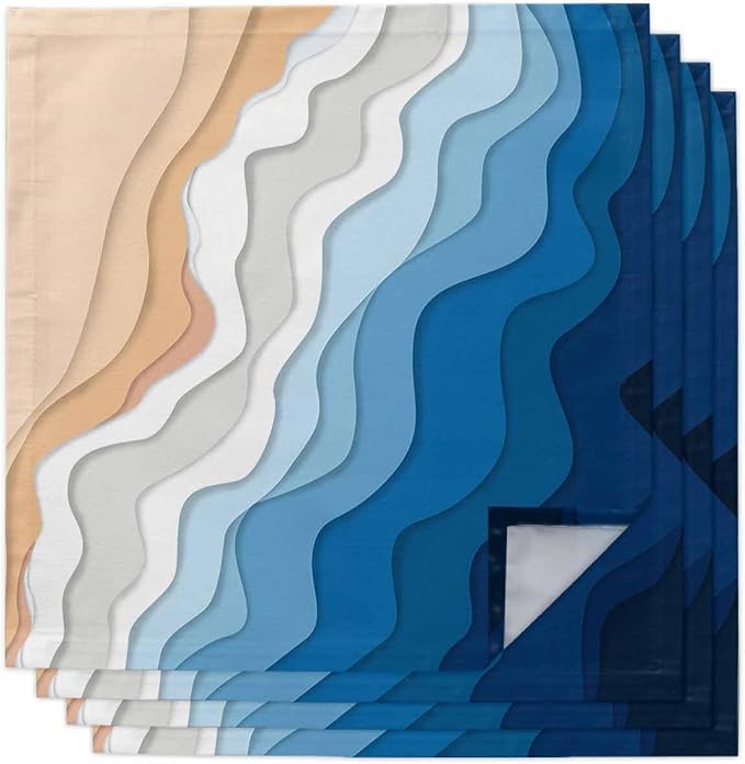 Blue White Sea Waves Cloth Napkins Washable Set of 4, 20 x 20 Inch Reusable Coastal Ombre Abstract Beach Ocean Stripes Dinner Table Napkins Cloth Bulk for Wedding Kitchen Restaurant Hotel Event Party by SODIKA
