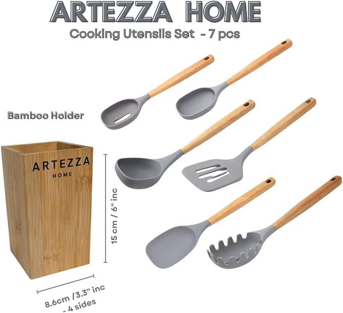Premium Silicone Kitchen Utensil Set – 7-Piece Cooking Tools with Acacia Wood Handles and Bamboo Holder, Non-Stick, Heat Resistant, BPA-Free, Elegant Kitchen Gift (Grey -7pcs) - Image 2