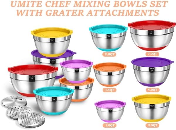 Umite Chef Thickened Heavy-Duty 26pcs Stainless Steel Bowl, Mixing Bowl Set with Lid, Grater Attachment, Colorful Non-Slip Bottom and Kitchen Gadget Set, Sizes 7, 4, 2.5, 2.0, 1.5, 1QT - Image 2
