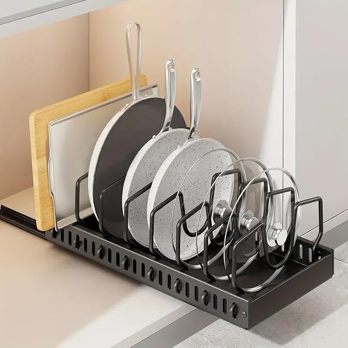 AmoiChic 2 Pack Pull Out Cabinet Organizer for Pots and Pans, Black Storage Rack with 8 Adjustable Dividers, Kitchen Cabinet Organizer for Pot Lids, Bakeware, Dishes Storage - Image 8