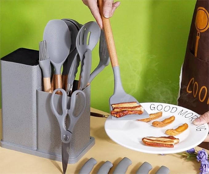 19 Pieces Kitchen Utensils and Knife Set with Block, Inldued 9 Pieces Silicone Cooking Utensils Set 5 Pieces Sharp Stainless Steel Chef Knives Scissors Whisk Tongs and Cutting Board (PINK) - Image 4