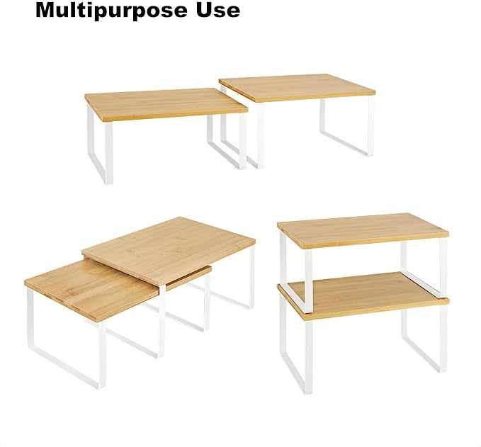 NEX Bamboo Kitchen Cabinet and Counter Shelf Organizer, Stackable & Expandable, Set of 4, White and Natural | Stackable & Expandable Spice Rack, Space-Saving Pantry Organizers Bathroom Countertop Storage, White and Natural - Image 6