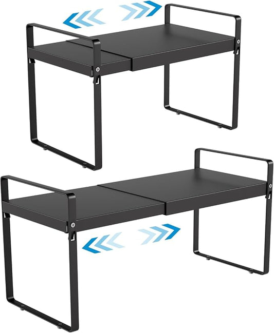 11" Deep Expandable Cabinet Shelf Organizer Riser, 2-Pack Black﻿ | Adjustable 14-25", heavy duty metal pantry storage rack for kitchen cupboard, under sink & countertop, 10" high space saver by Unknown