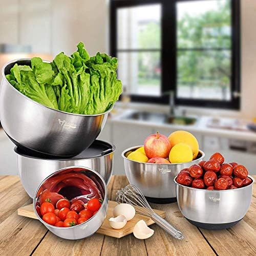 Wildone Stainless Steel Mixing Bowls Set with Airtight Lids, 3 Grater Attachment & Non-slip Bottoms and Multicolor 16 Piece Measuring Cups and Spoons Set - Image 5