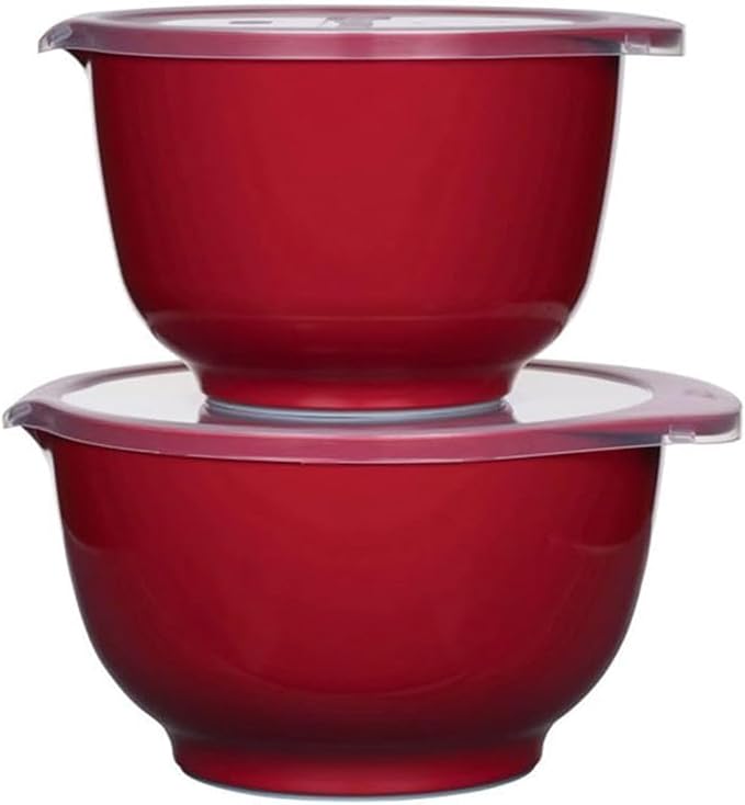 Rosti Margrethe Mixing Bowl Set with Lids – Danish Design Kitchen Prep Bowls with Non-Slip Base Ring & Pour Spout, Durable DuRostima Plastic – Red (2L / 3L, 4-Piece) by Rosti