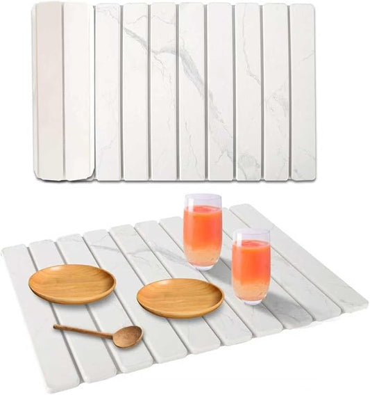 Stone Dish Drying Mat for Kitchen Counter, 24 x 16 Inch(White Marble) | Absorbent diatomaceous earth and PVC, folds for compact storage, suitable for dishes, cups, bottles, or a bathroom floor mat by Unknown