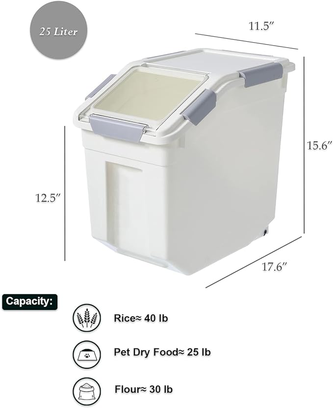 25 Liter / 40 lbs Rice Storage Container with Measuring Cup, BPA free, For Rice | Grain | Pet Food | Flour, 1 count, White - Image 3