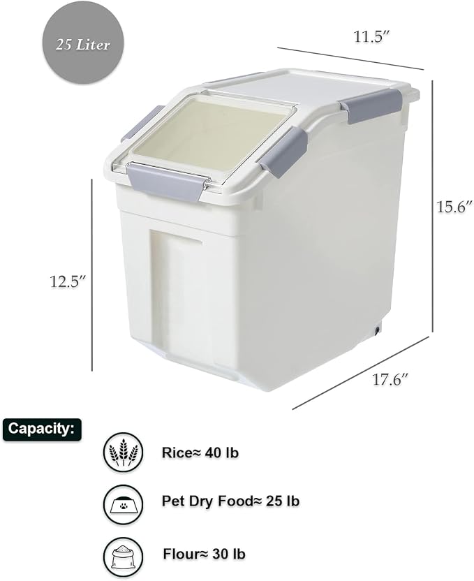 25 Liter / 40 lbs Rice Storage Container with Measuring Cup, BPA free, For Rice | Grain | Pet Food | Flour, 1 count, White - Image 3