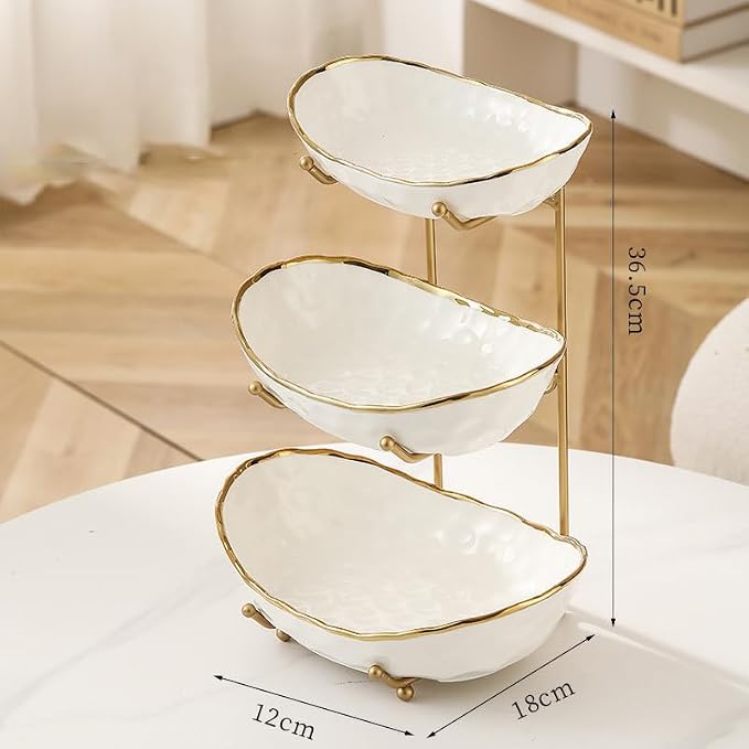 White Fruit Bowl with Gold Metal Stand, 3 Tier Modern Ceramic Fruit Bowl Fruit Rack for Kitchen Counter, Tiered Fruit Basket for Snacks Bread Candy Storage (White,3 Tier) - Image 2