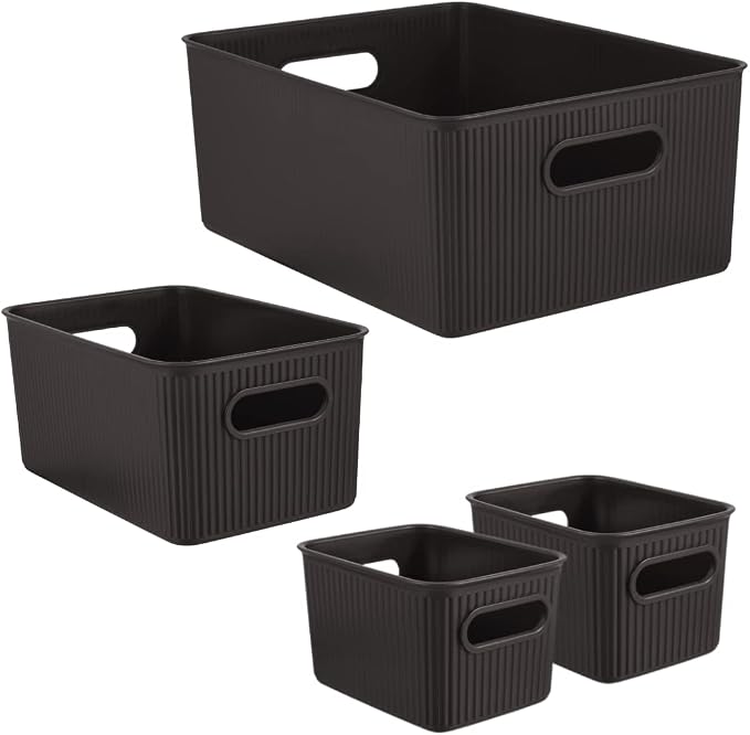 Superio Ribbed Collection - Decorative Plastic Basket Open Home Storage Bins Organizer, Brown (Set of 4) 1 Large, 1 Medium, 2 Small - Container Boxes for Organizing Closet Storage Bins for Shelves - Image 8