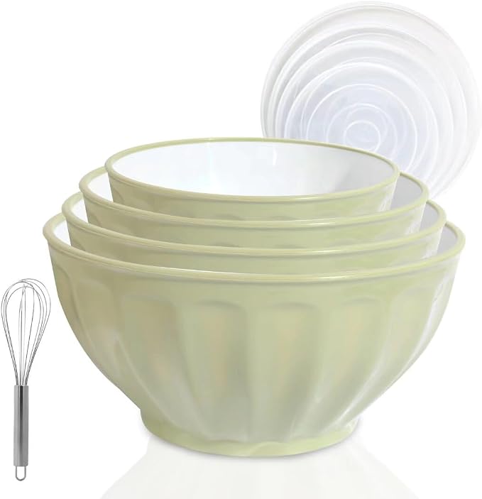 Mixing Bowls with Lids Set,Plastic Prep Bowl with Lid,Mixing Bowl Set for Kitchen Cooking, Baking,Storage Food,4 Big Nesting Bowls and 1 Egg Whisk,Stackable，Green by JCXivan