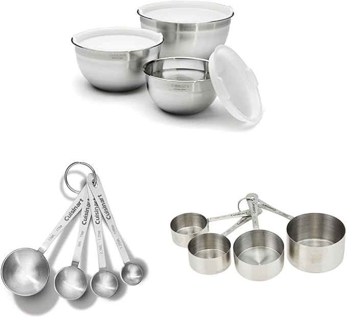 Cuisinart Mixing Bowl Set, Stainless Steel, 3-Piece CTG-00-SMP Stainless Steel Measuring Spoons, Set of 4,Silver CTG-00-SMC Stainless Steel Measuring Cups, Set of 4,Silver by Cuisinart