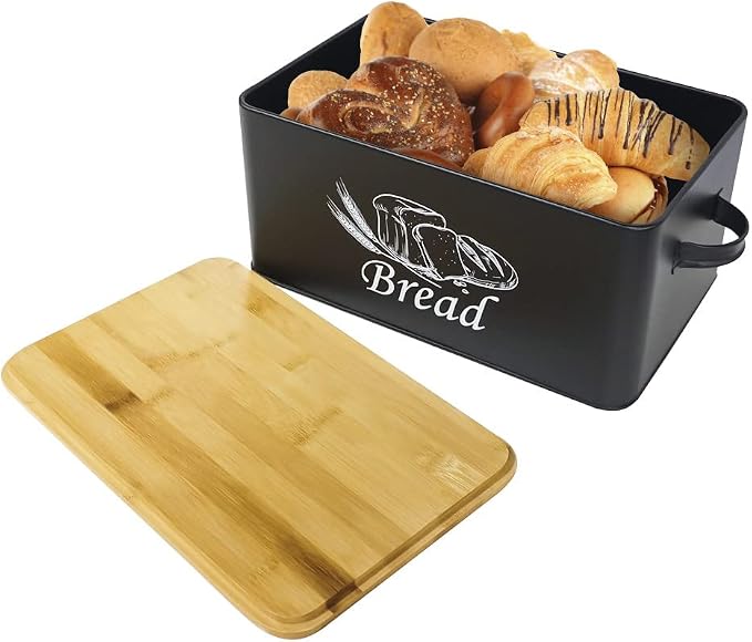 SOTECH Bread Box with 3pcs Jars Coffee Sugar Tea for Kitchen Countertop White Metal Bread Box with Bamboo Board Cover Pastry Storage Container Set Kitchen decor (Black box) - Image 2