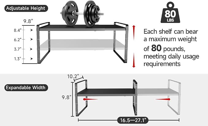 16.5~27.1" Expandable Shelf，1Pack 10.2" Wide Adjustable Height Cabinet Shelves，Black - Image 6