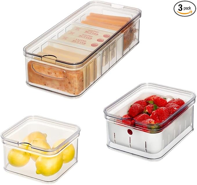 iDesign Crisp 3-Piece Recycled Plastic Refrigerator Organizer Bin Set with Lids, Clear/White by iDesign