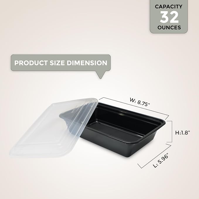 Klex 32 Oz, 50 Sets Meal Prep Containers with Airtight Lids, BPA Free, Reusable Plastic Food Container, 32 oz, Rectangular, Black/Clear, 50 Sets - Image 7