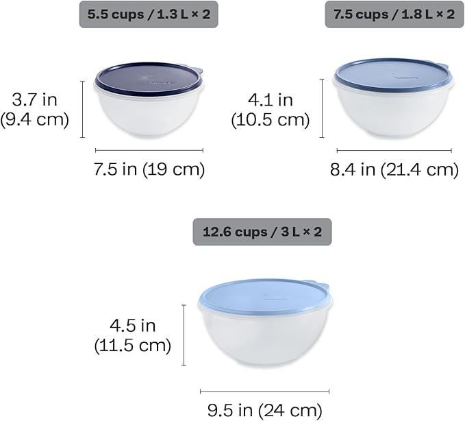 Tupperware Heritage Wonderlier 12 Piece Food Storage Bowl Set in Clear/Blue, Dishwasher Safe and BPA Free (6 Bowls, 6 Lids) - Image 3