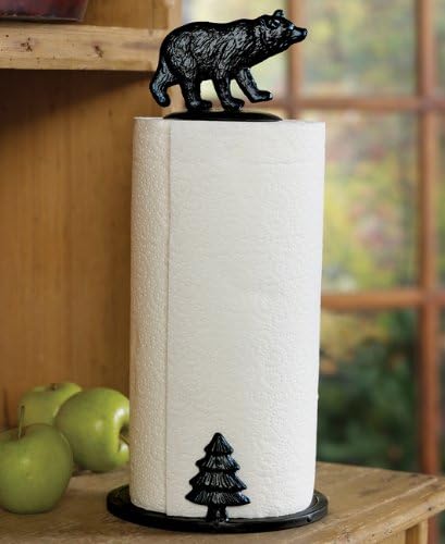 Holder, Kitchen, Cabin - Vintage Rustic Wildlife Décor 6 5/8"Wx6 5/8"Dx15"H | Metal. With a bear and tree design, the black-finished metal Bear Paper Towel Holder adds rustic charm to your cabin kitchen by BLACKFORESTDECOR