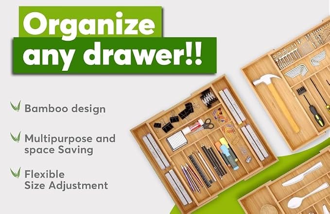 Bamboo Kitchen Drawer Organizer, Expandable Wood Utensil Tray, Adjustable Silverware Organizer with 9 Compartments for Fork, Spoon & Knife Utensils - Image 3