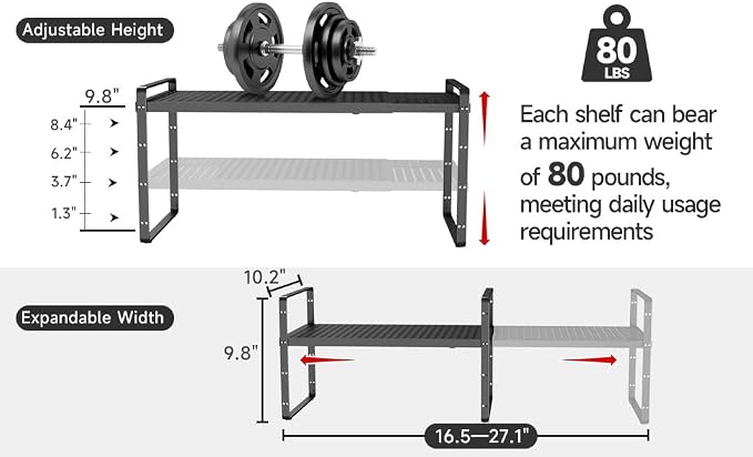 16.5~27.1" Expandable Shelf with Hole，1Pack 8.1" Wide Stackable Cabinet Shelves，Black - Image 6