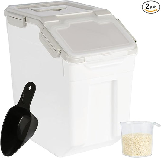 Rice Container 25 lbs Large Bulk Flour Sugar Storage Holdhouse Plastic Grain Cereal Dry Goods Bin with Spoon and Measuring Cup for Kitchen Pantry Organization - Grey by MXCELL