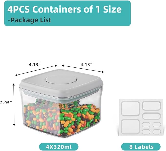 Airtight Container Set - (380ml 4 Pcs) Stackable One Button Openning Food Containers for Snacks Candy Salt Herbs Spices BPA-Free Tranparent (0.32 QT * 4) - Image 2