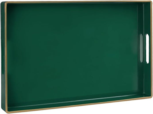 Dark Green Decorative Tray for Ottoman, Serving Tray with Handles | Plastic Coffee Table Tray, Modern Melamine Tray, Rectangle Countertop Organizer Tray for Living Room, 15.8"L x 10.2"W x 1.4"H by MAONAME