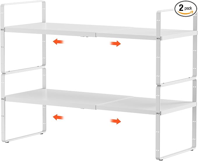 2Pcs Expandable Cabinet Shelf Organizers, 16.5"~27''L, White | Stackable, Adjustable Height, For Cabinet, Countertop, Pantry, Cupboard, White, 10.2" W x 9.6" H by jkxoo