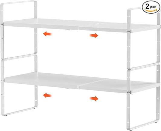 2Pcs Expandable Cabinet Shelf Organizers, 16.5"~27''L, White | Stackable, Adjustable Height, For Cabinet, Countertop, Pantry, Cupboard, White, 10.2" W x 9.6" H by jkxoo