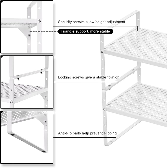 Expandable Cabinet Shelf Rack, Large Kitchen Cupboard Organizer Stackable Cabinet Pantry Shelf, Organization and Storage for Kitchen Bathroom, Metal Plate, White, 3 Pack - Image 4