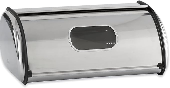 Window Breadbox for Kitchen Countertop, Stainless Steel | Countertop bread box with clear viewing window, rear air vents, and durable metal construction bread and baked goods storage by MontgomeryWard