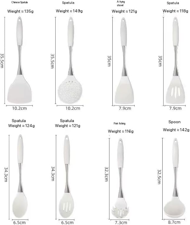 8-Piece Silicone Kitchen Utensil Set, White and Gold, Heat Resistant Cooking Tools with Comfort Handles- Includes Spatula & Spoon for Nonstick Cookware (White and silvery) - Image 7