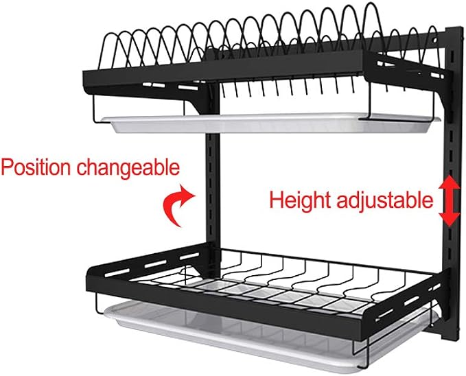 junyuan Kitchen Dish Rack,Hanging Dish Drying Rack Organizer Storage Shelf Over Sink,2 Tier Wall Mount Bowl Holder with Drain Tray and Silverware Stainless Steel Black Coating Ajustable Height - Image 3